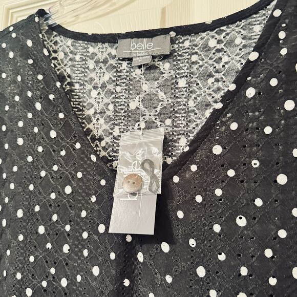 NWT BELLE by Belldini Black Polka Dot Blouse Peplum Top Flowy Casual Lasercut M - Picture 4 of 9